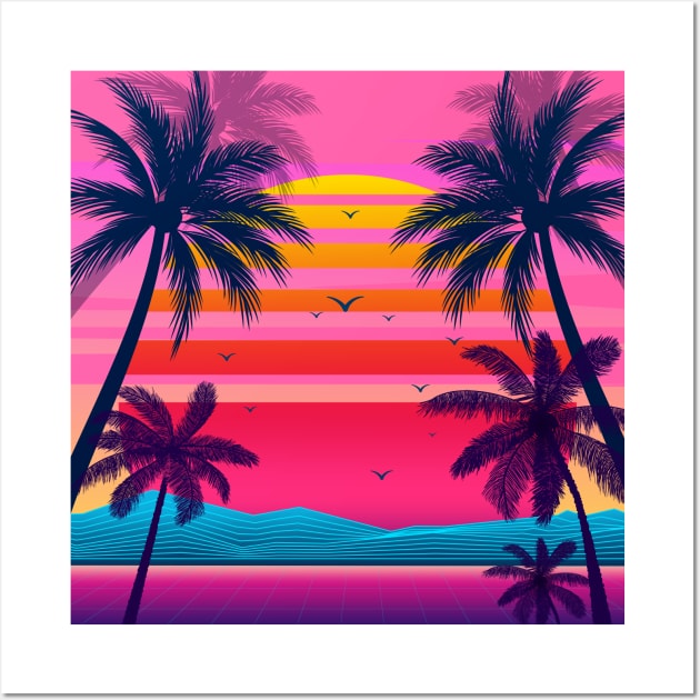 Pink Sunset Retrowave Wall Art by edmproject